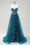 Sparkly Peacock Blue Strapless Corset Prom Dress with Detachable Tulle