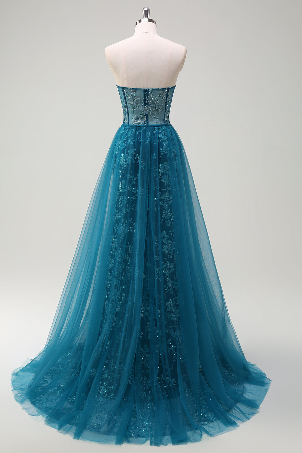 Sparkly Peacock Blue Strapless Corset Prom Dress with Detachable Tulle