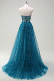 Sparkly Peacock Blue Strapless Corset Prom Dress with Detachable Tulle