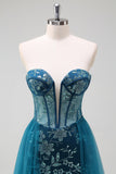 Sparkly Peacock Blue Strapless Corset Prom Dress with Detachable Tulle