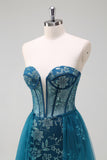 Sparkly Peacock Blue Strapless Corset Prom Dress with Detachable Tulle