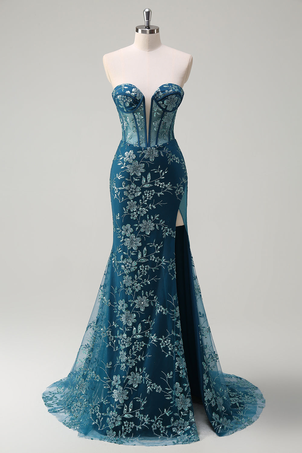 Sparkly Peacock Blue Strapless Corset Prom Dress with Detachable Tulle