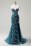 Sparkly Peacock Blue Strapless Corset Prom Dress with Detachable Tulle