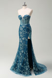 Sparkly Peacock Blue Strapless Corset Prom Dress with Detachable Tulle