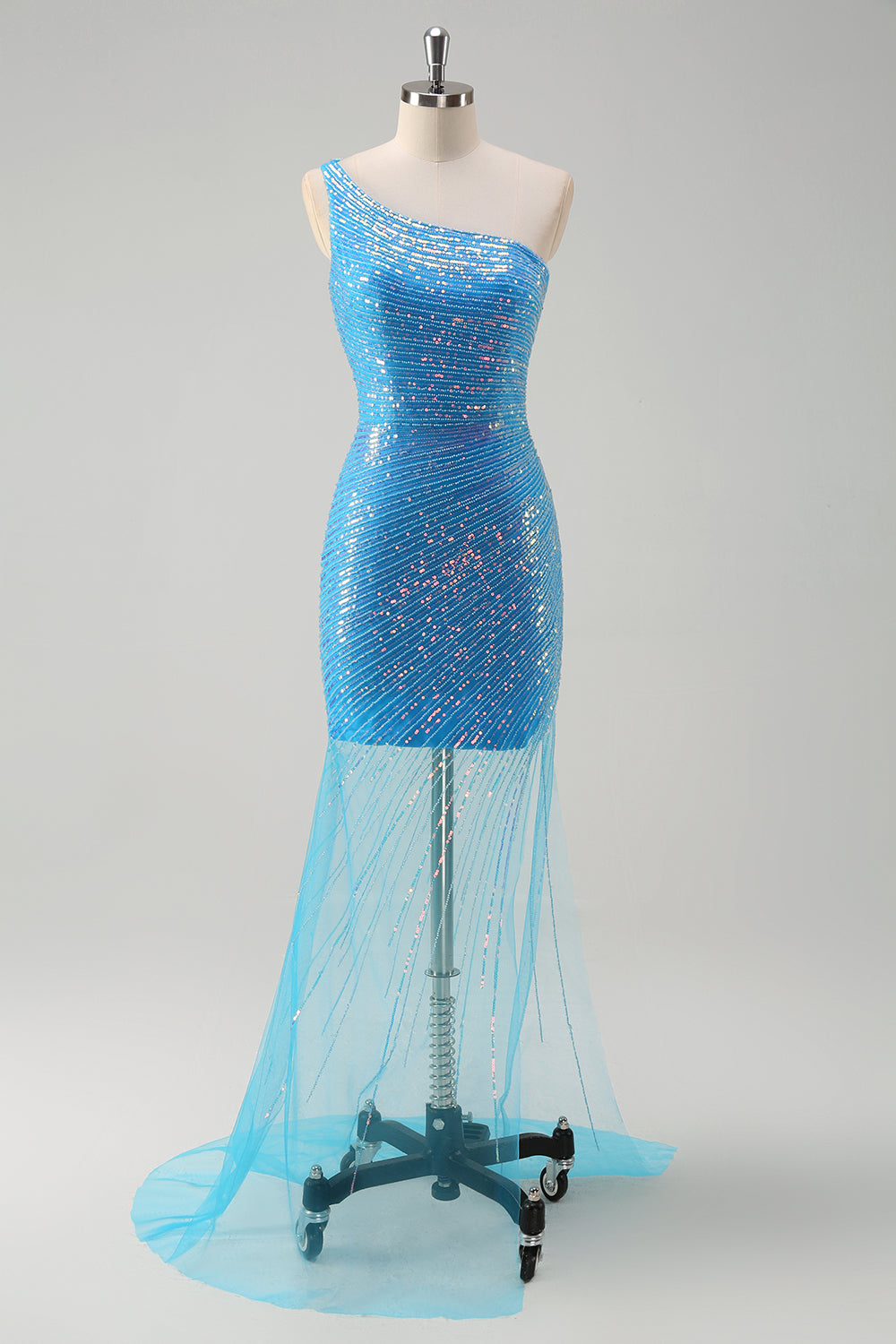 Blue One Shoulder Sequined Tight Prom Dress
