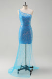 Blue One Shoulder Sequined Tight Prom Dress