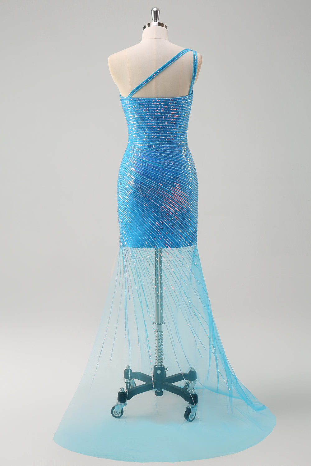 Blue One Shoulder Sequined Tight Prom Dress