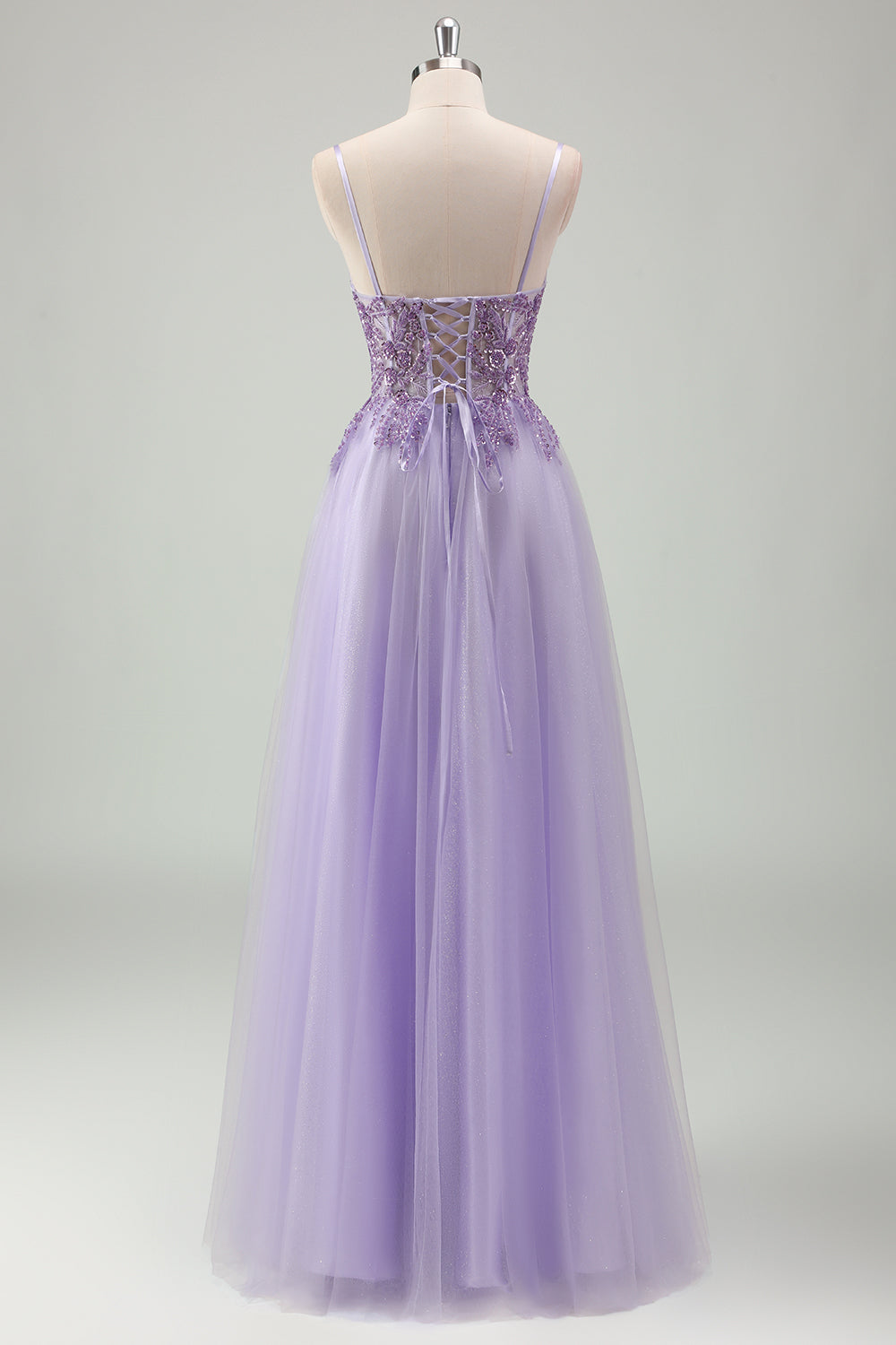 Purple Tulle A Line Lace-up Back Prom Dress with Appliques