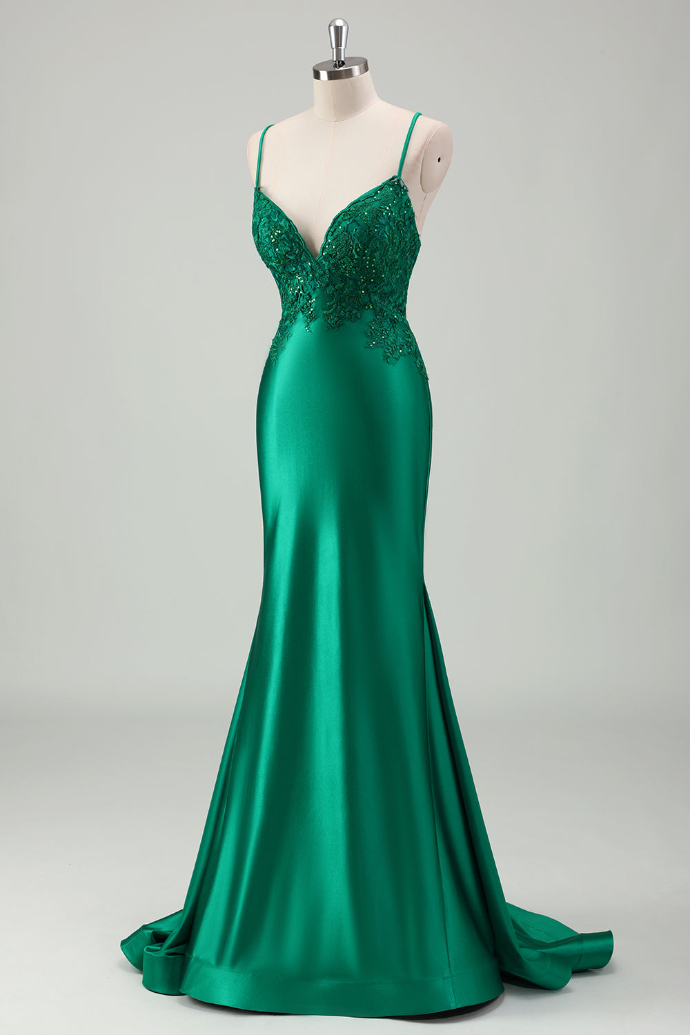 Green Mermaid Satin Maxi Prom Dress with Appliques