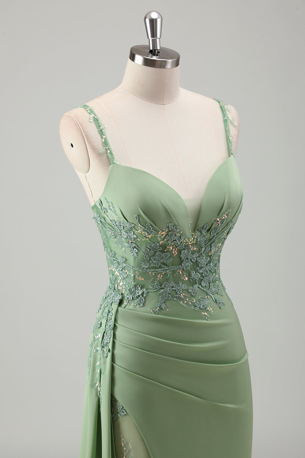 Light Green Ruched Corset Appliques Mermaid Prom Dress with Slit