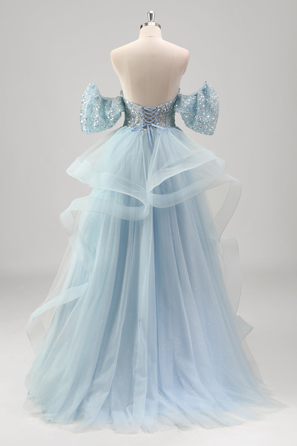 Princess Blue Sequined Tulle Prom Dress with Detachable Sleeves