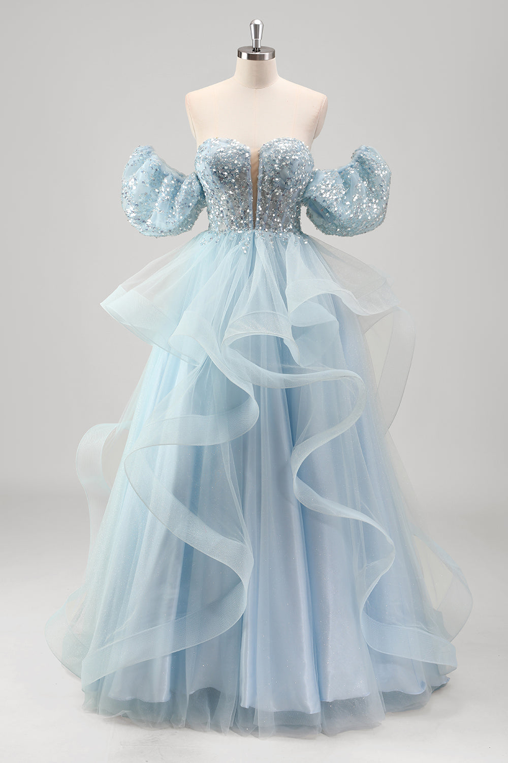 Princess Blue Sequined Tulle Prom Dress with Detachable Sleeves