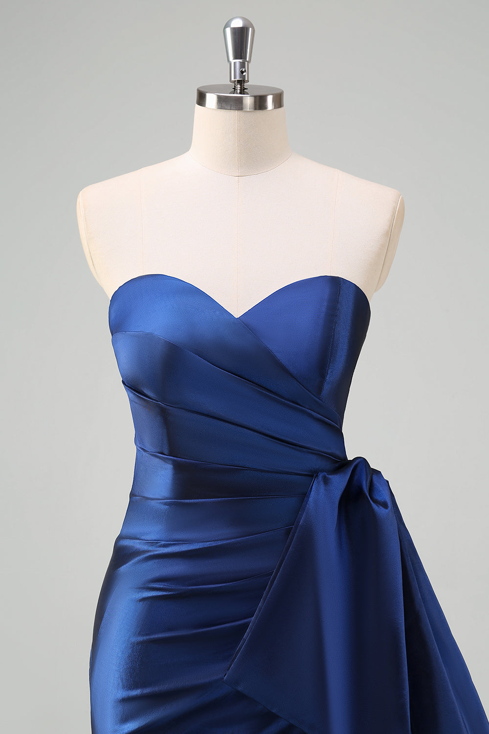 Dark Blue Sweetheart Satin Ruched Mermaid Prom Dress with Slit