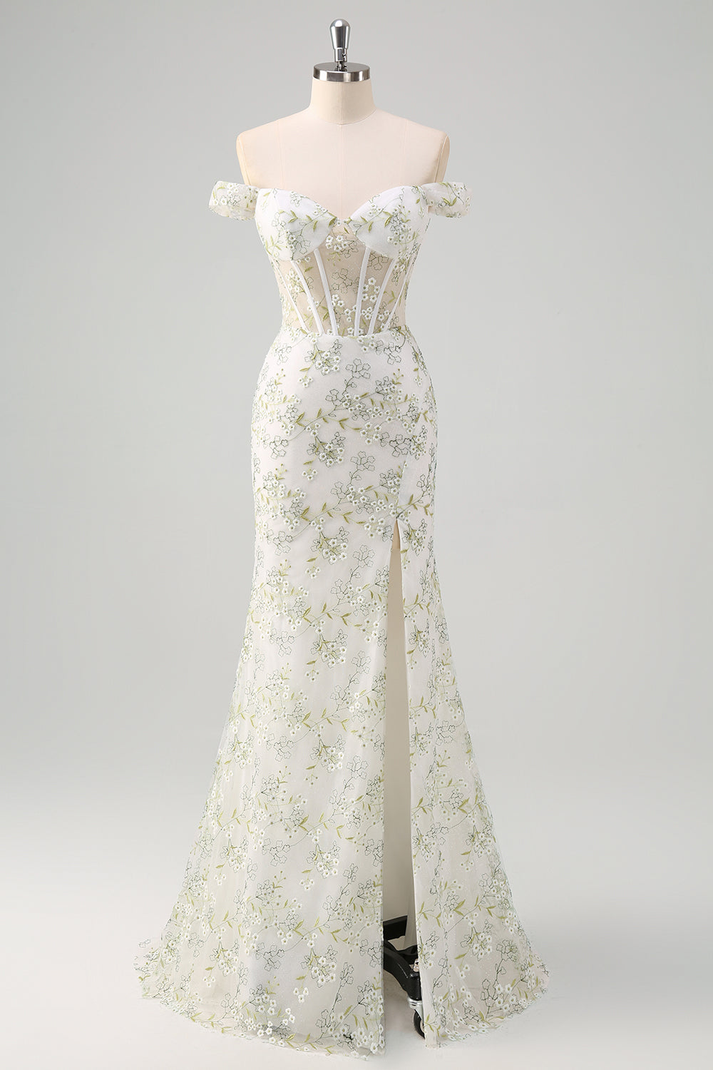 Light Green Floral Embroidery Corset Off the Shoulder Mermaid Prom Dress with Slit