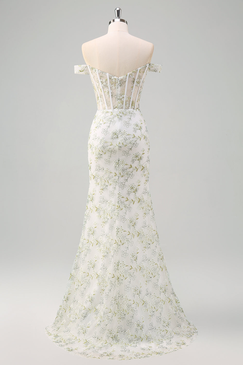 Light Green Floral Embroidery Corset Off the Shoulder Mermaid Prom Dress with Slit