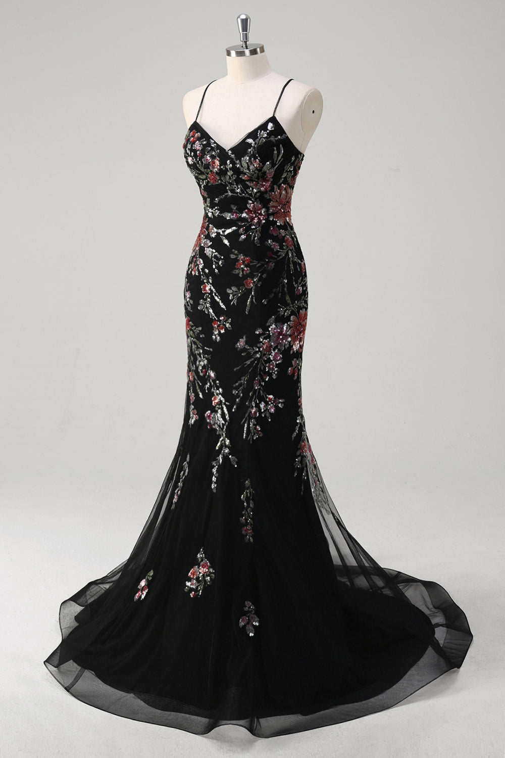Black Sequined Lace-up Back Mermaid Tulle Prom Dress