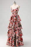 Floral Pleated Tiered Grey Pink Corset Maxi Dress with Slit