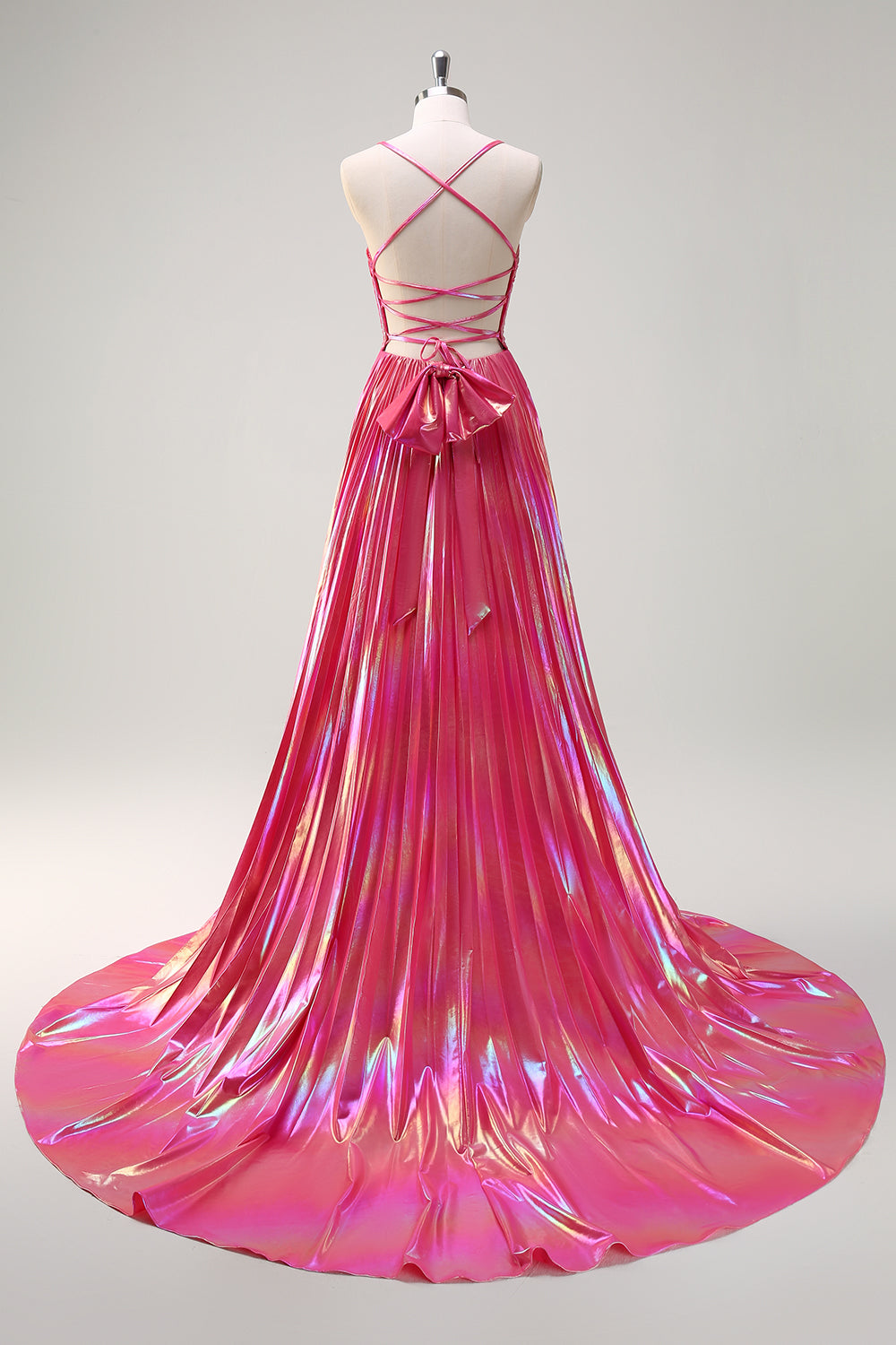 Metallic Fuchsia A Line Pleated Keyhole Floor Length Prom Dress with Slit