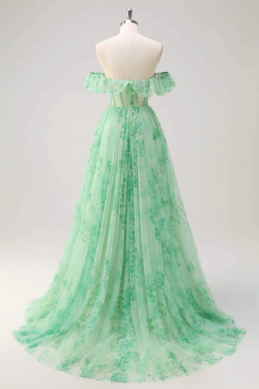 Floral Green Off the Shoulder A Line Corset Long Prom Dress with Slit