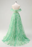 Floral Green Off the Shoulder A Line Corset Long Prom Dress with Slit