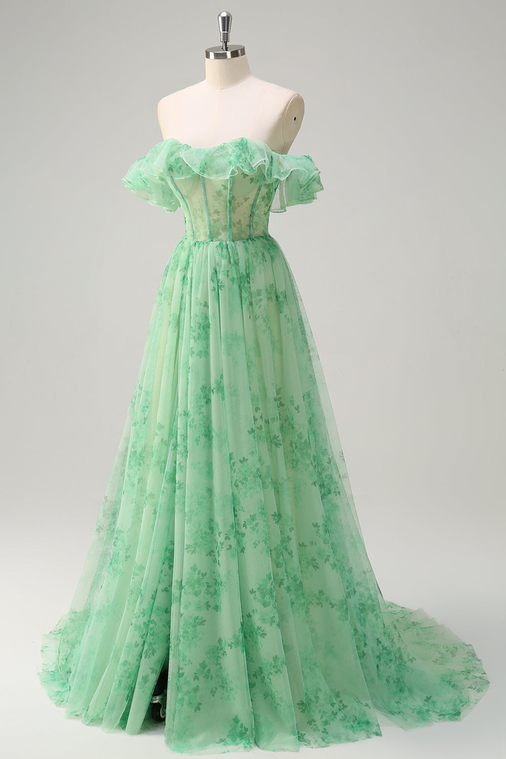 Floral Green Off the Shoulder A Line Corset Long Prom Dress with Slit