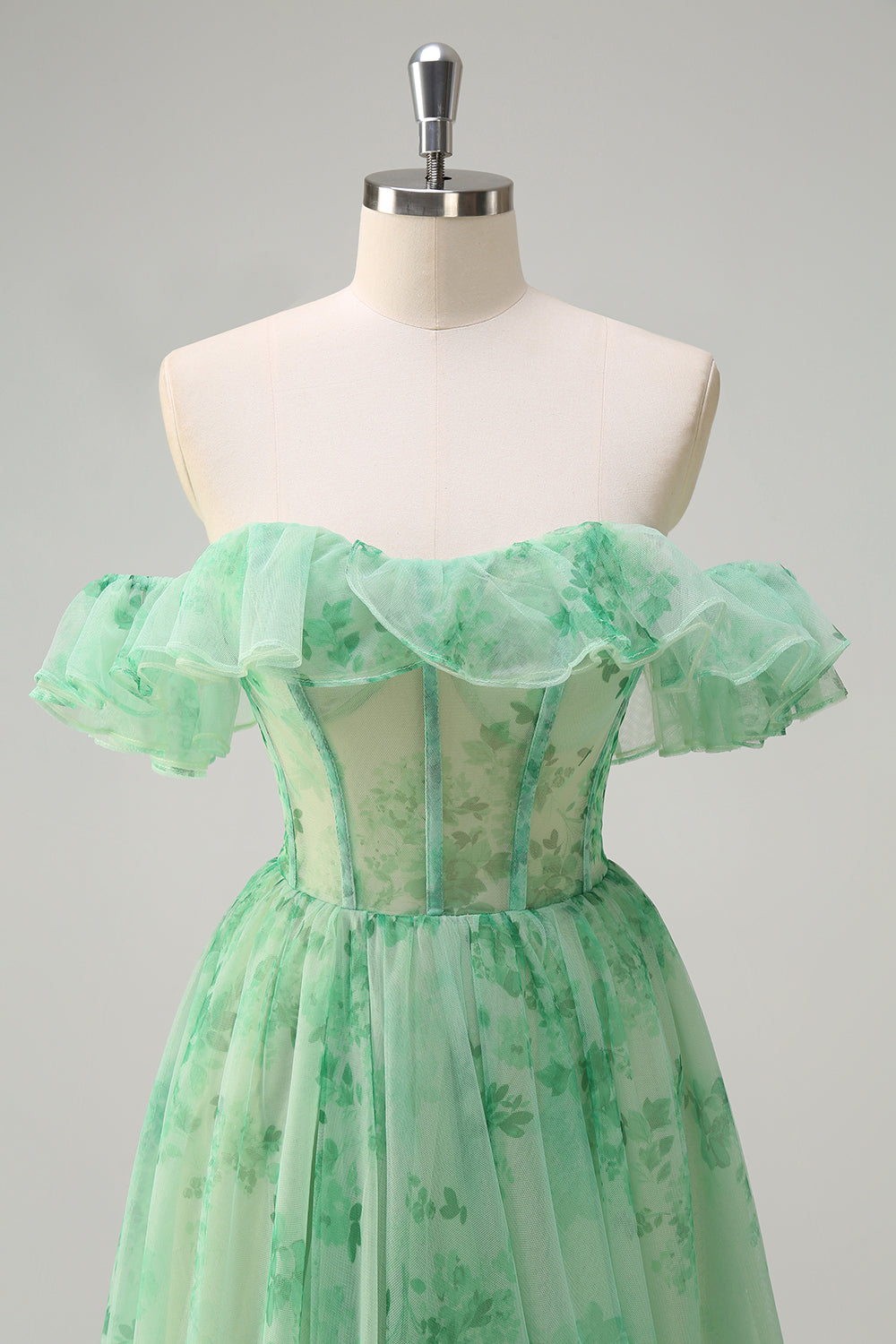 Floral Green Off the Shoulder A Line Corset Long Prom Dress with Slit