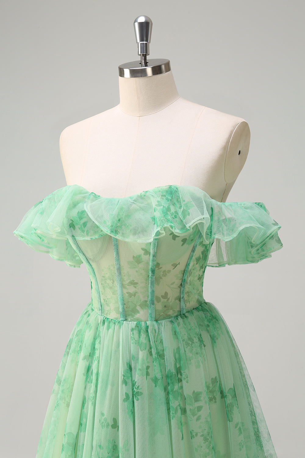 Floral Green Off the Shoulder A Line Corset Long Prom Dress with Slit