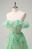 Floral Green Off the Shoulder A Line Corset Long Prom Dress with Slit