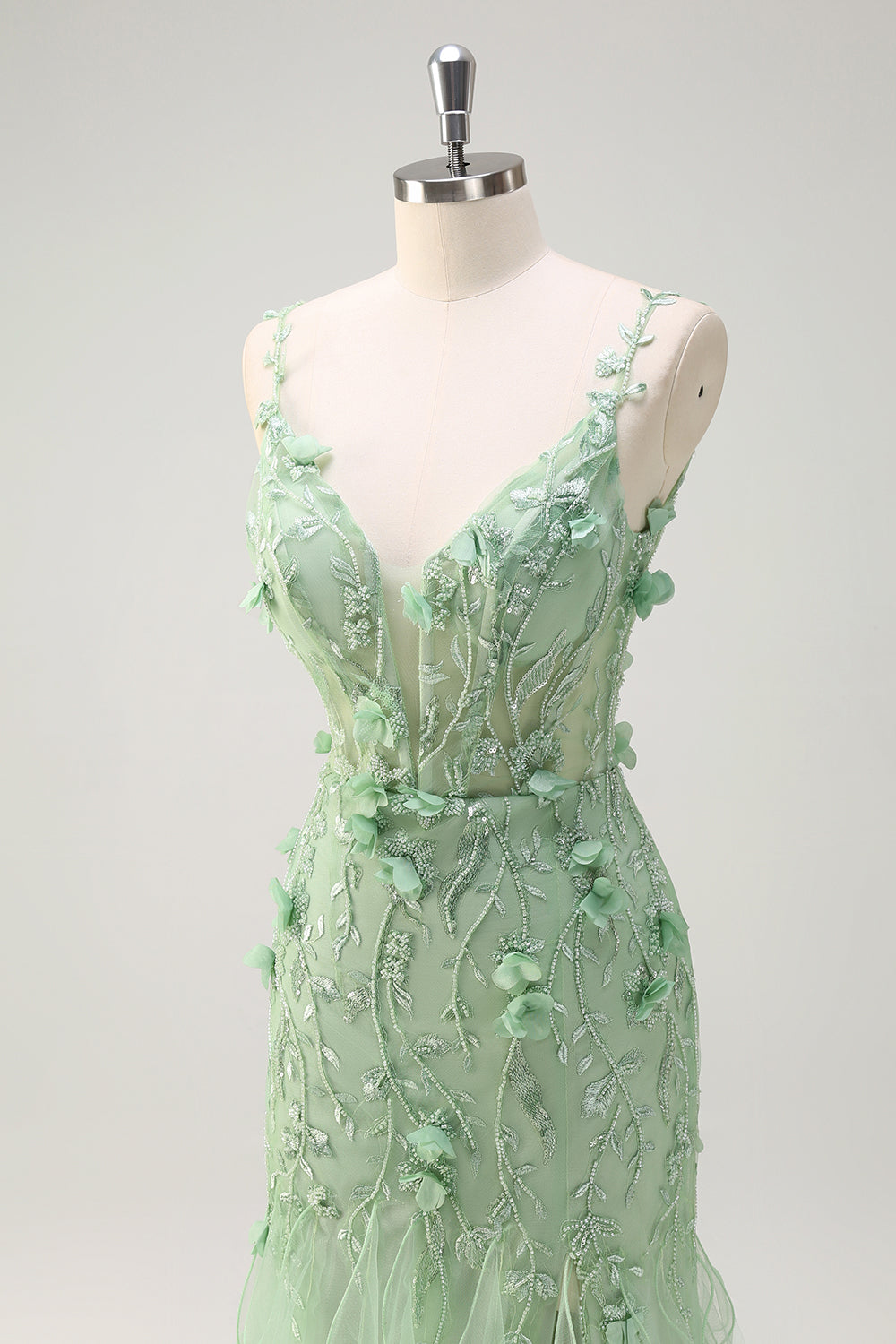 Green Tulle Slit Beaded Floor Length Prom Dress with 3D Appliques