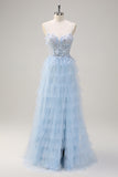 A Line Tiered Tulle Beaded Slit Light Blue Prom Dress with Appliques