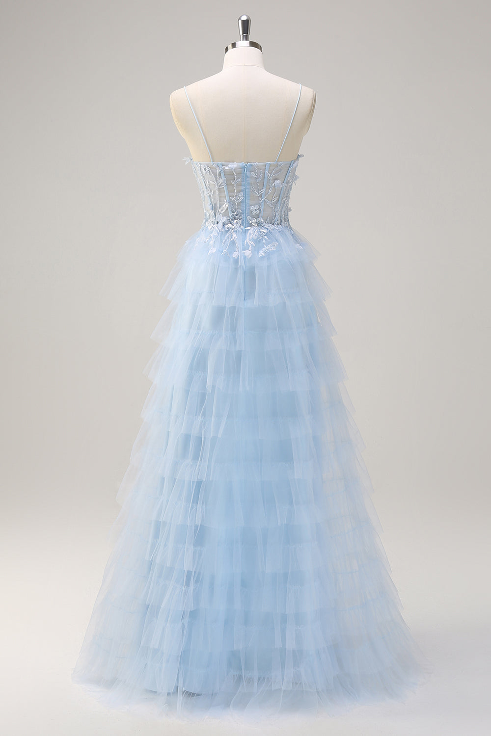 A Line Tiered Tulle Beaded Slit Light Blue Prom Dress with Appliques