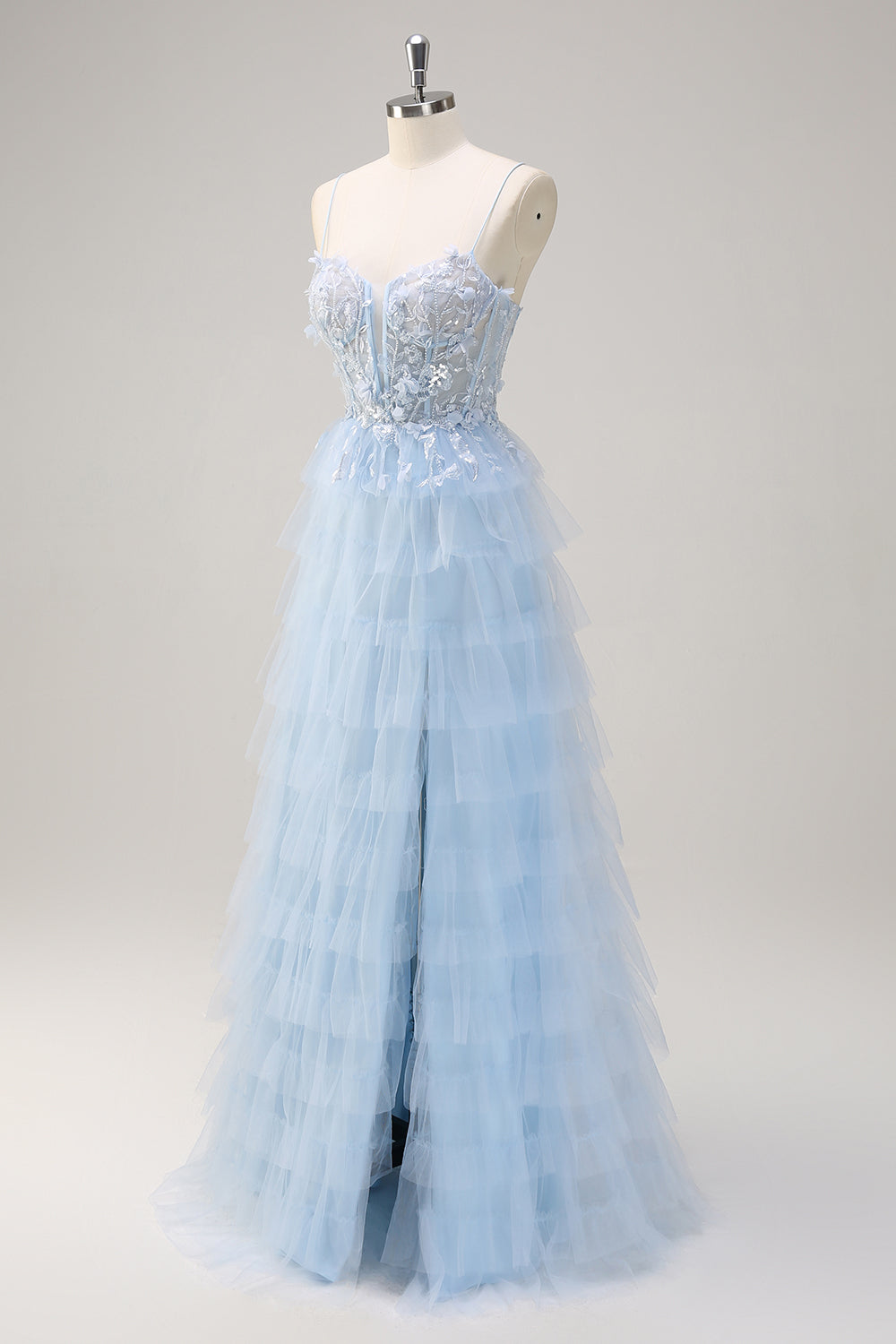 A Line Tiered Tulle Beaded Slit Light Blue Prom Dress with Appliques