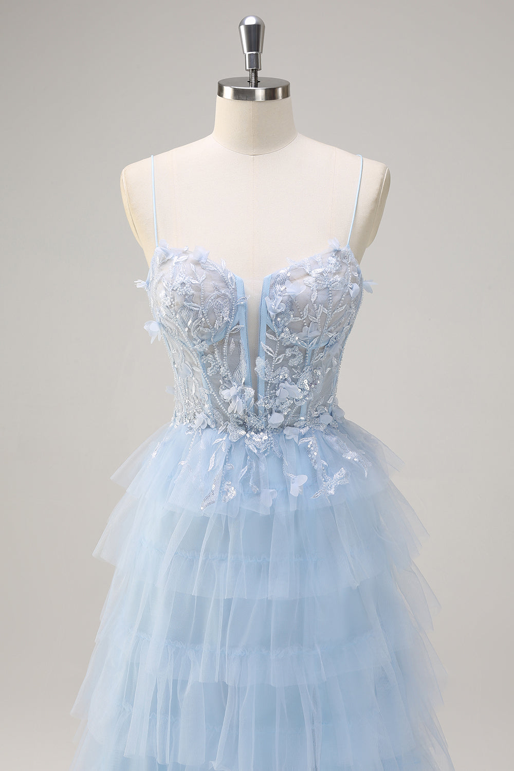 A Line Tiered Tulle Beaded Slit Light Blue Prom Dress with Appliques