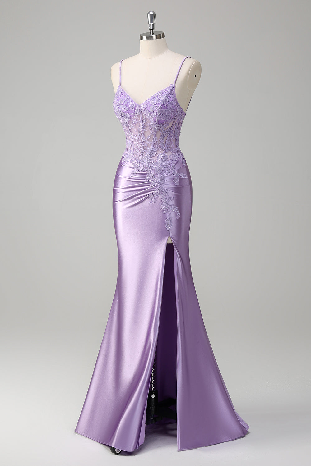 Lilac Corset Spaghetti Straps Mermaid Prom Dress with Appliques and Slit