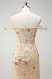 Floral Champagne Sequin Off the Shoulder Mermaid Prom Dress with Split