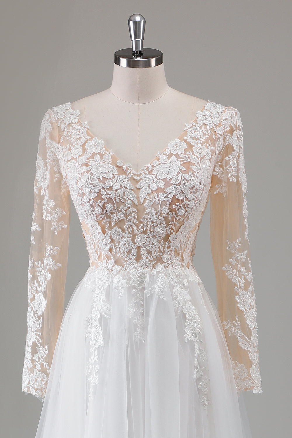 Ivory V Neck Beaded Applique Long Wedding Dress with Illusion Sleeves