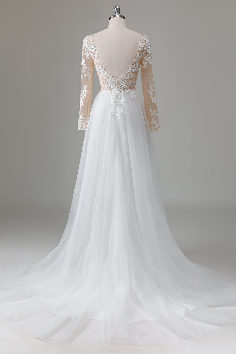 Ivory V Neck Beaded Applique Long Wedding Dress with Illusion Sleeves