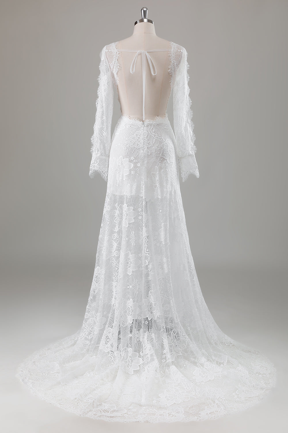 Lace Ivory V Neck Backless Long Sleeve Wedding Dress with Front Slit