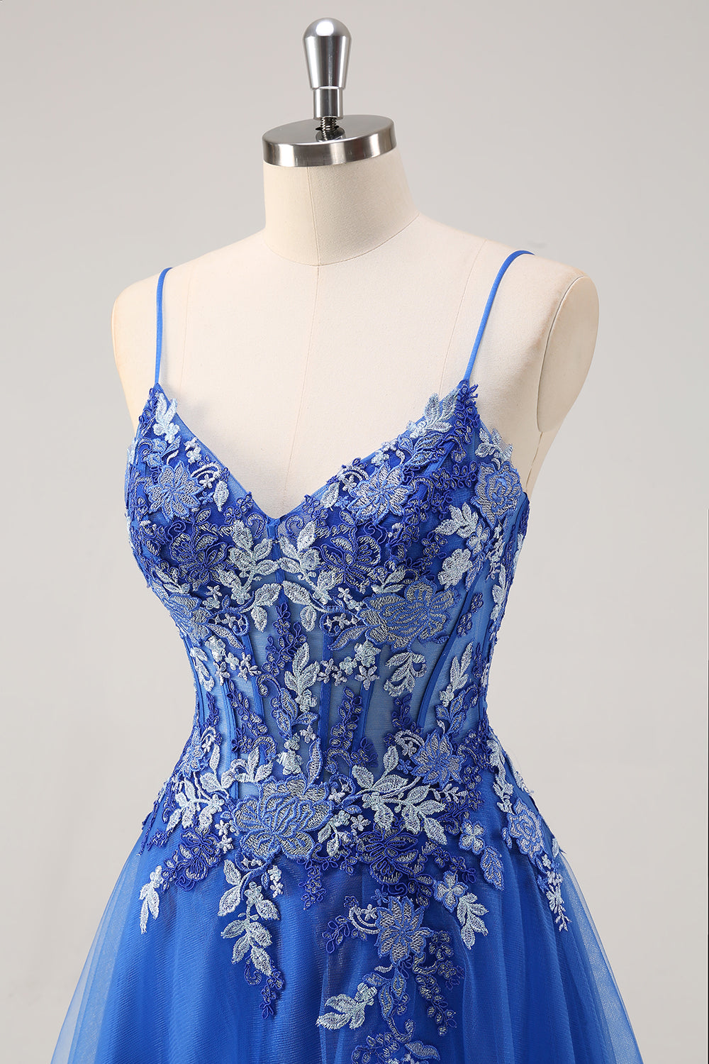 Elegant Royal Blue A Line Tulle Slit Prom Dress with Appliques