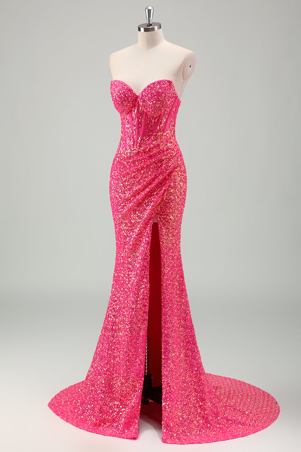 Sparkly Fuchsia Ruched Mermaid Floor Length Prom Dress with Slit