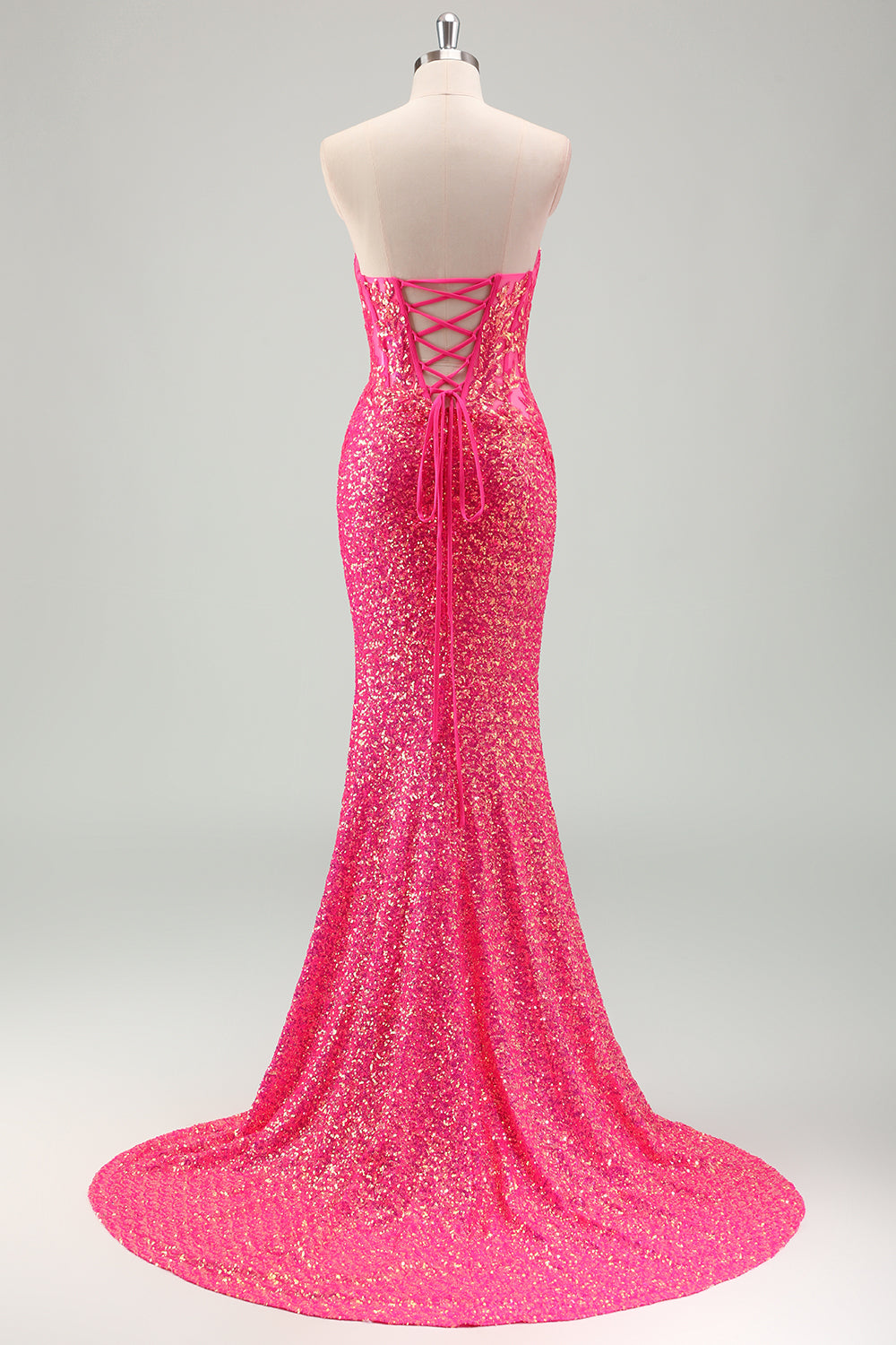 Sparkly Fuchsia Ruched Mermaid Floor Length Prom Dress with Slit
