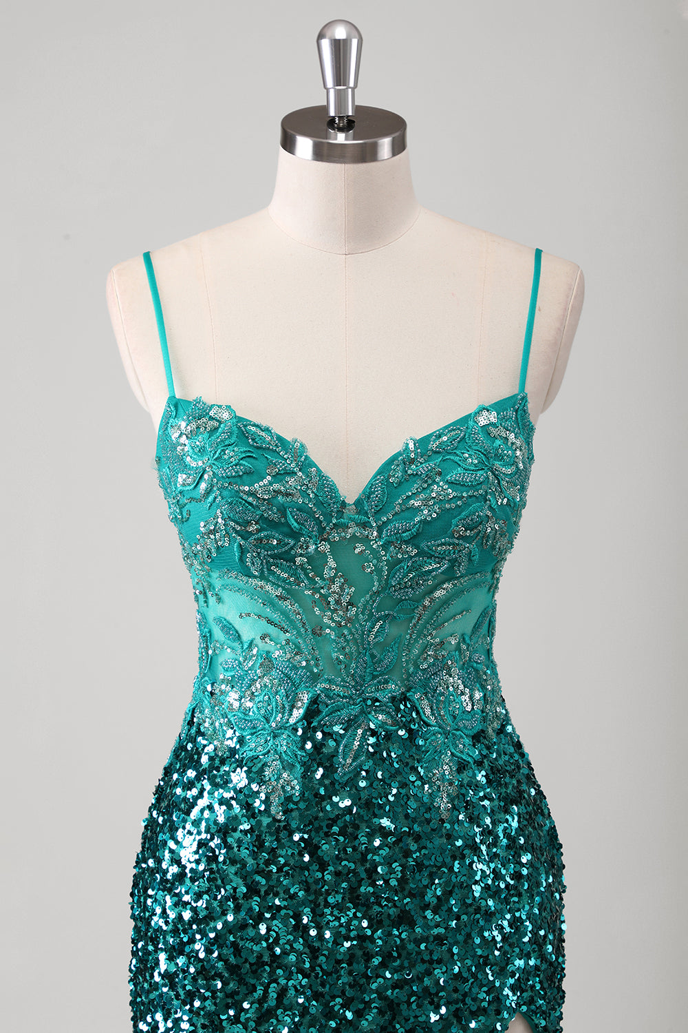 Sparkly Peacock Green Spaghetti Straps Mermaid Prom Dress with Slit