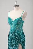 Sparkly Peacock Green Spaghetti Straps Mermaid Prom Dress with Slit