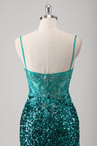 Sparkly Peacock Green Spaghetti Straps Mermaid Prom Dress with Slit