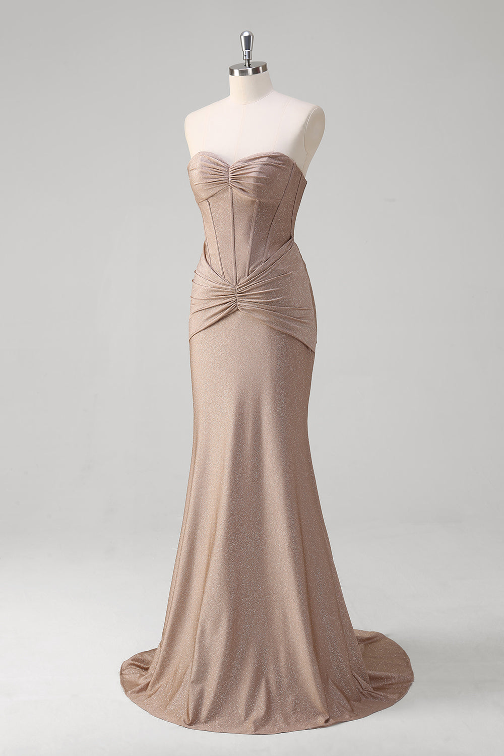 Glitter Khaki Ruched Corset Strapless Mermaid Floor Length Prom Dress