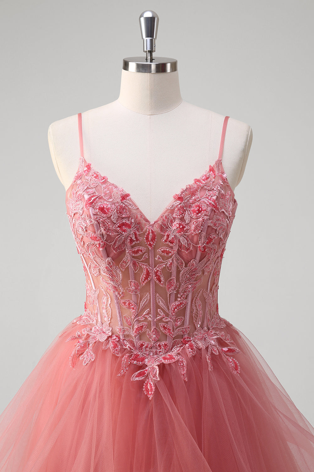Coral Sequined Corset Appliques Tulle Princess Prom Dress