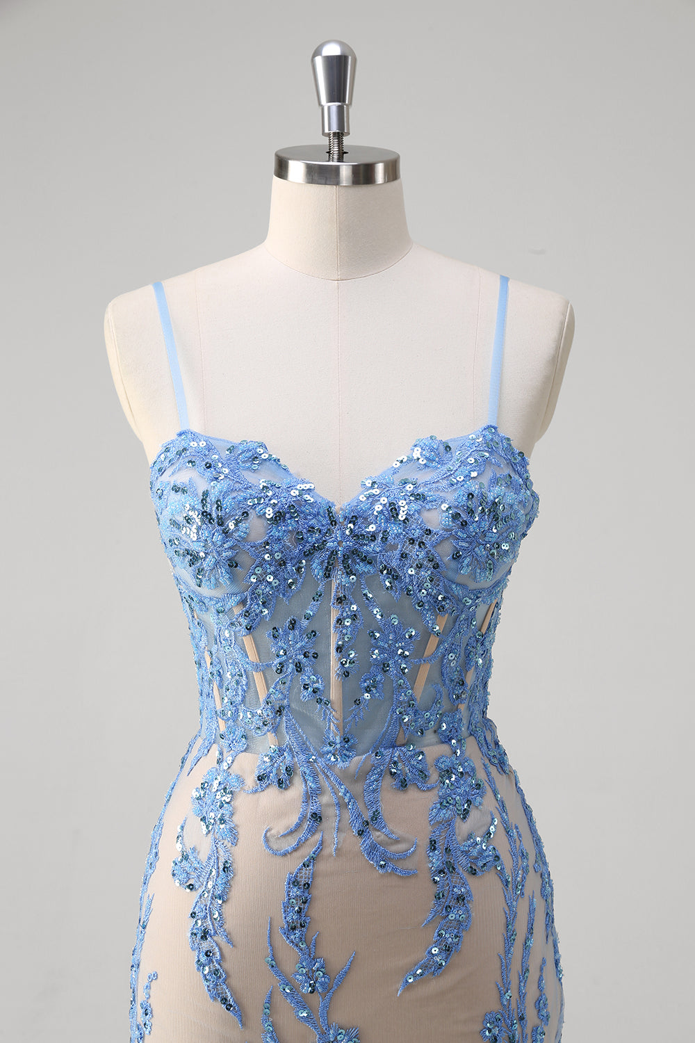 Blue Sequined Mermaid Corset Prom Dress with Appliques