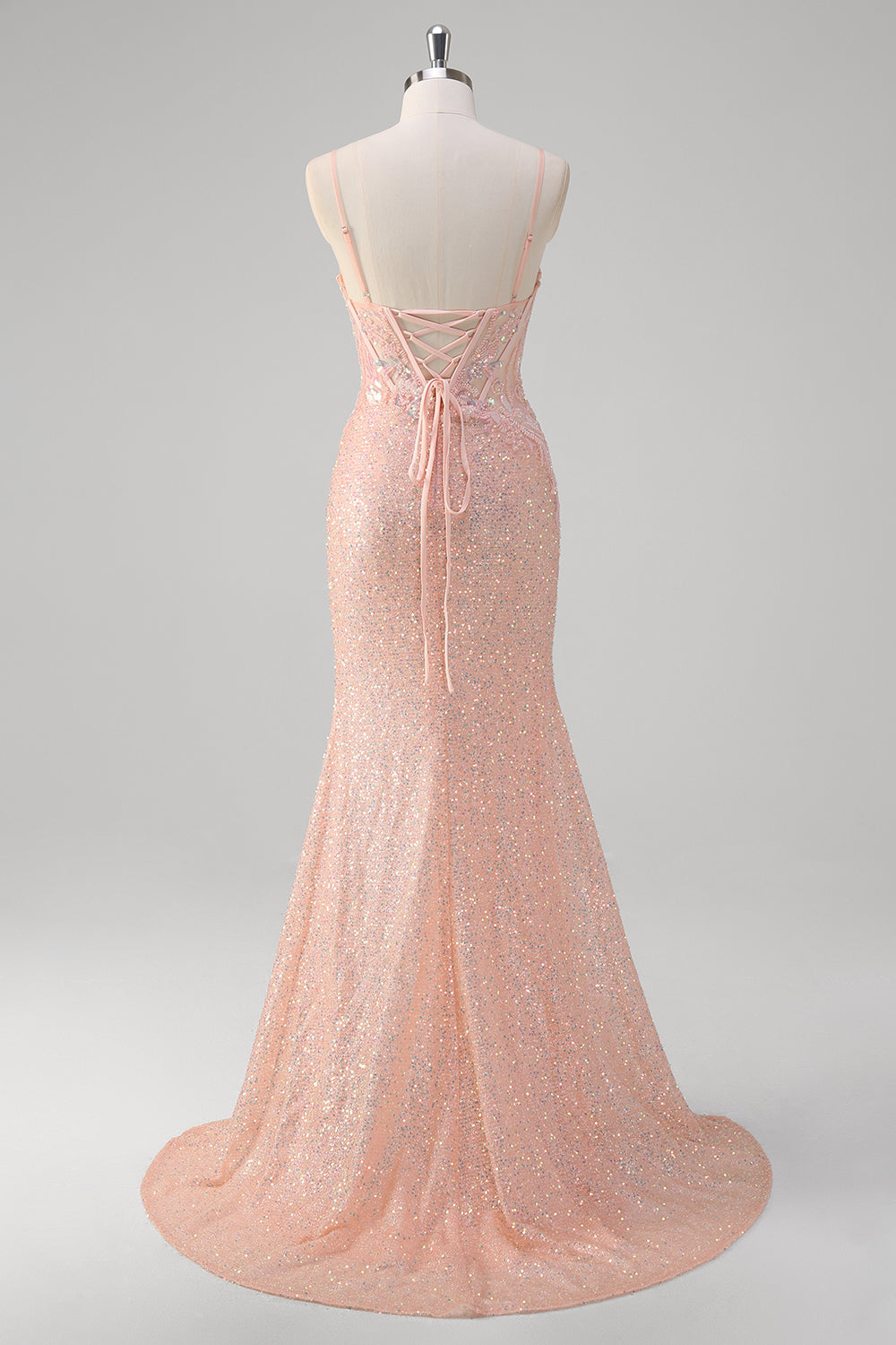 Sparkly Blush Mermaid Corset Sequined Prom Dress with Slit