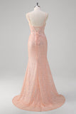 Sparkly Blush Mermaid Corset Sequined Prom Dress with Slit