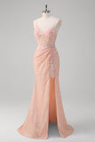 Sparkly Blush Mermaid Corset Sequined Prom Dress with Slit